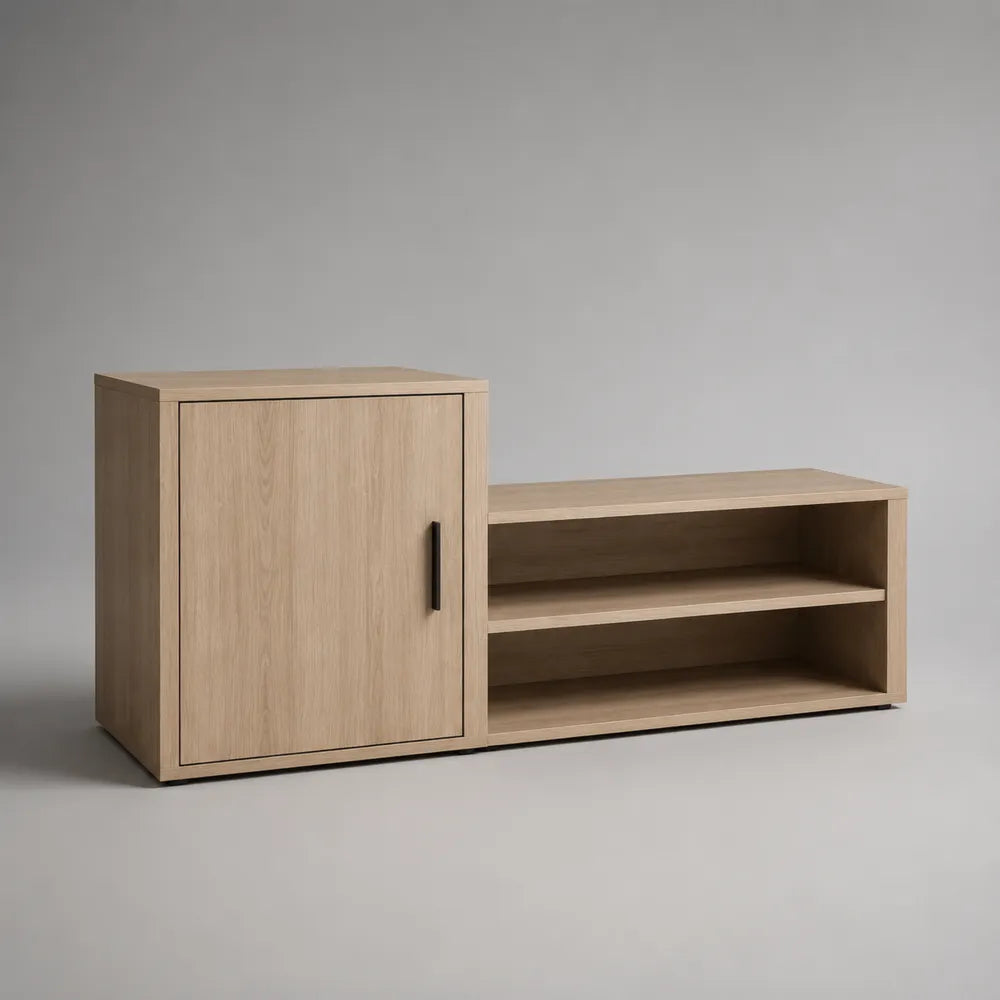 Meuble à chaussures banc d'entrée MDF chêne clair avec armoire à porte et étagères ouvertes 140 cm x 35 cm x 50 cm