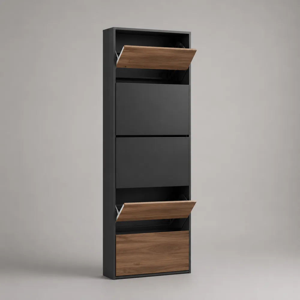 Meuble à chaussures 60 x 24 x 180 cm colonne verticale noir et noyer avec abattants basculants et niche ouverte