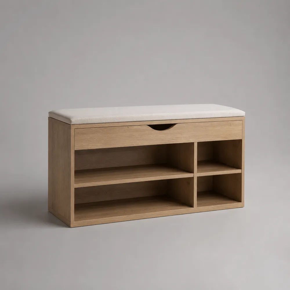 Banc à chaussures avec coussin tiroir et 4 niches MDF chêne clair et blanc écru 120 cm x 40 cm x 50 cm