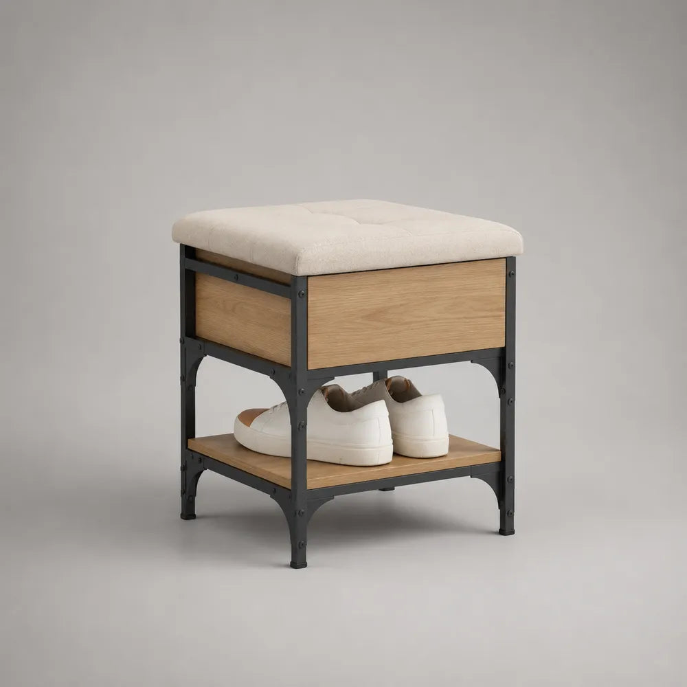 Banc à chaussures avec coussin assise structure acier noir MDF effet chêne clair tissu polyester beige 60 cm x 35 cm x 50 cm rectangulaire