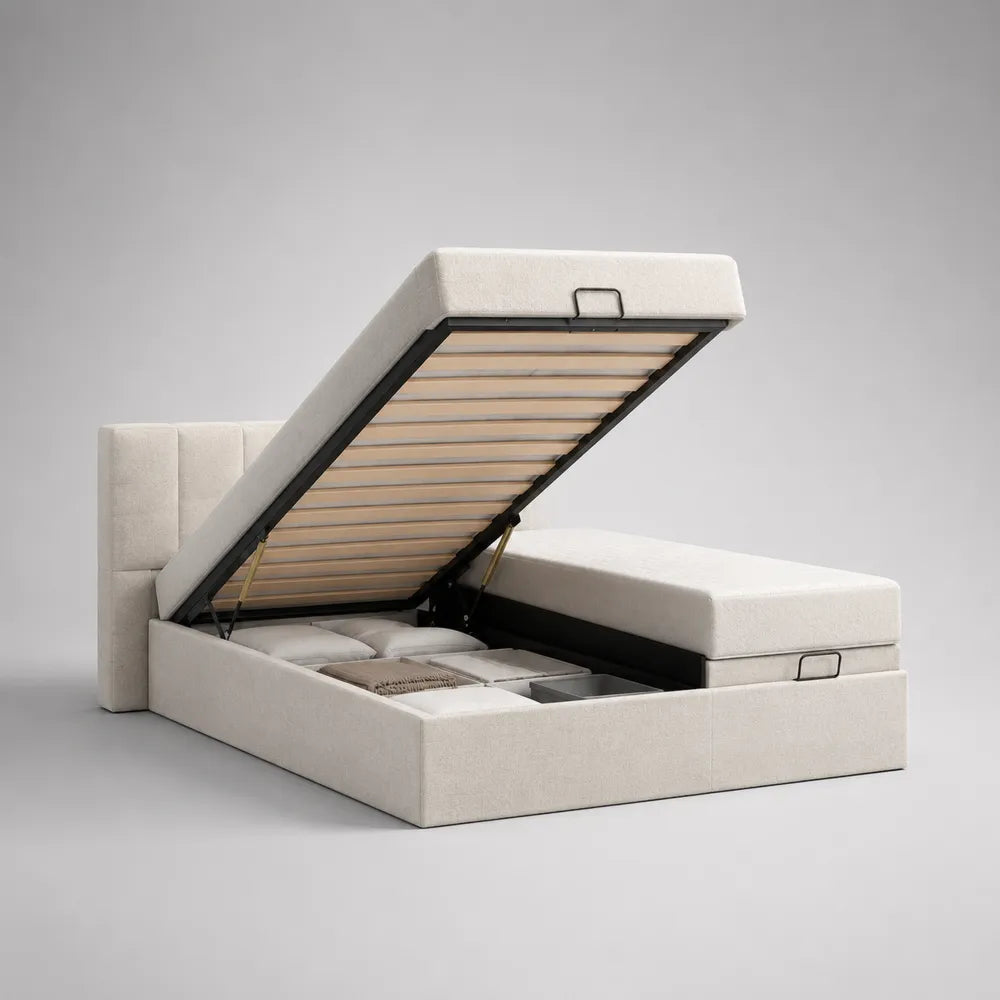 Lit coffre relevable 160 x 200 cm structure en bois massif de pin et MDF revêtement tissu polyester beige sommier à lattes mécanisme à vérins acier rectangulaire