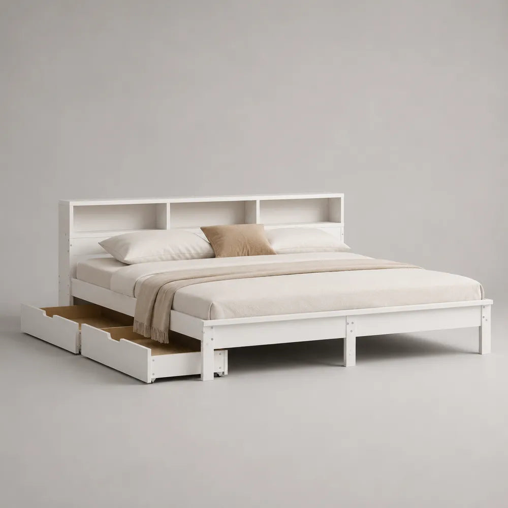 Lit 160 x 200 cm avec rangements intégrés MDF blanc tête de lit à niches et tiroirs latéraux rectangulaire sommier à lattes