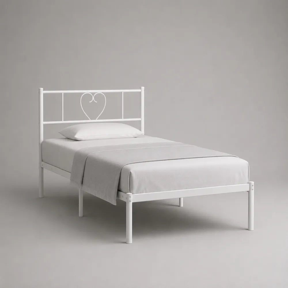 Lit simple 90 x 200 cm cadre de lit en acier blanc tête de lit motif c?ur structure métallique sommier à lattes
