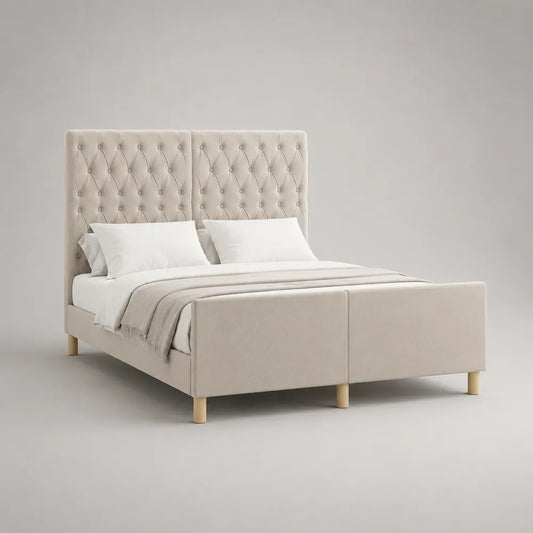 Lit double 160 x 200 cm avec tête de lit capitonnée tissu polyester beige cadre en MDF et bois pieds bois naturel