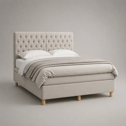 Lit double 160 x 200 cm avec tête de lit capitonnée boutons tissu polyester beige structure MDF et bois pieds bois naturel sommier à lattes