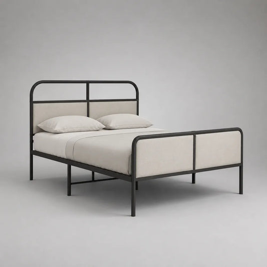 Lit cadre de lit 160 x 200 cm acier noir et tissu polyester beige rectangulaire avec sommier à lattes