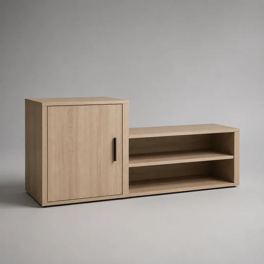 Meuble à chaussures banc d'entrée MDF chêne clair avec armoire à porte et étagères ouvertes 140 cm x 35 cm x 50 cm