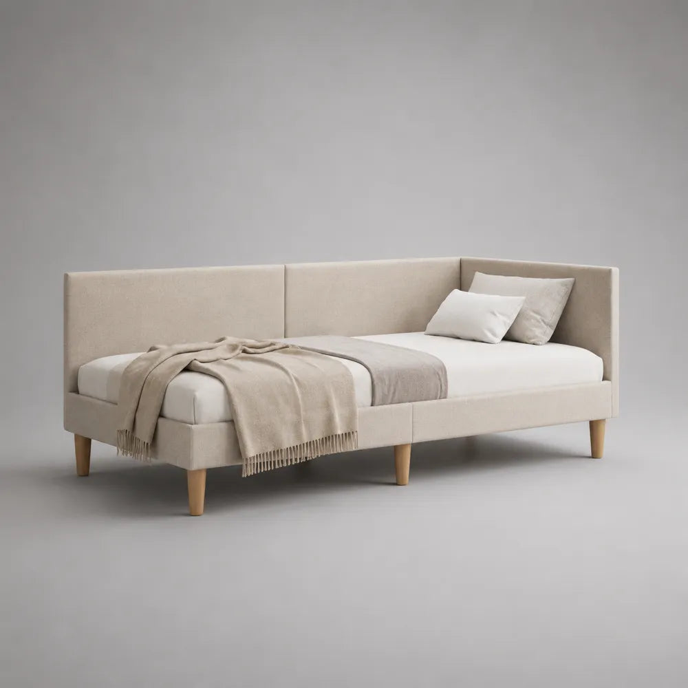 Lit banquette 90 x 200 cm cadre rembourré tissu polyester beige structure MDF bois pieds bois naturel dossier latéral