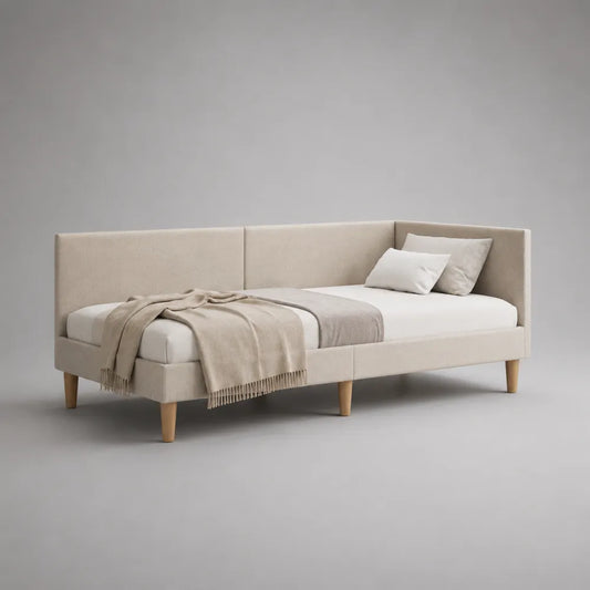 Lit banquette 90 x 200 cm cadre rembourré tissu polyester beige structure MDF bois pieds bois naturel dossier latéral