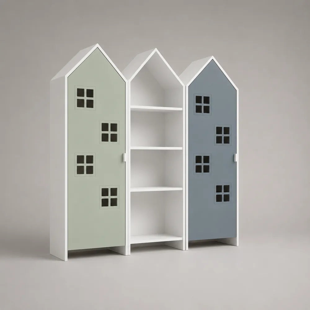 Armoire modulable 3 pièces en panneaux MDF portes décor maison étagères ouvertes structure rectangulaire coloris blanc vert bleu