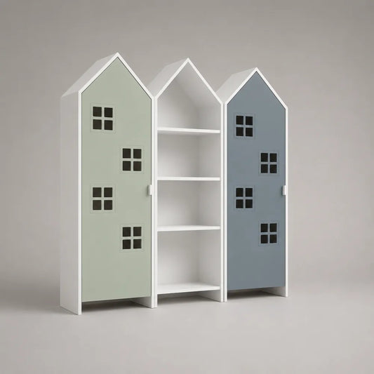 Armoire modulable 3 pièces en panneaux MDF portes décor maison étagères ouvertes structure rectangulaire coloris blanc vert bleu