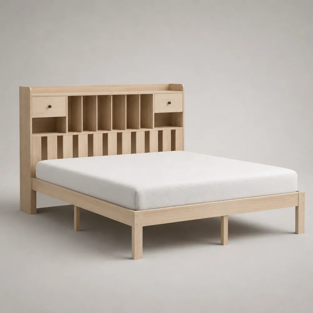 Lit 160 x 200 cm structure bois clair avec tête de lit rangement intégré étagères et tiroirs rectangulaire