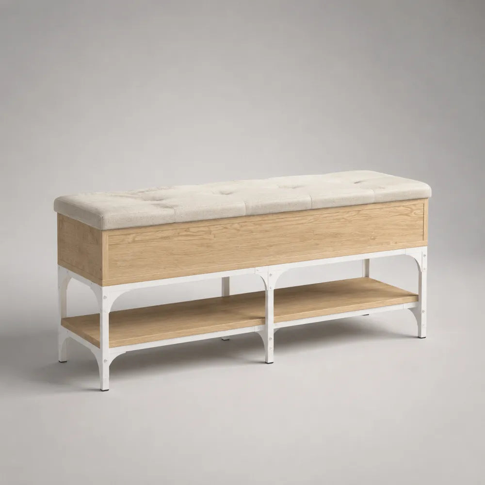 Banc à chaussures avec coussin assise structure acier blanc étagères ouvertes MDF effet chêne clair 100 cm x 35 cm x 50 cm