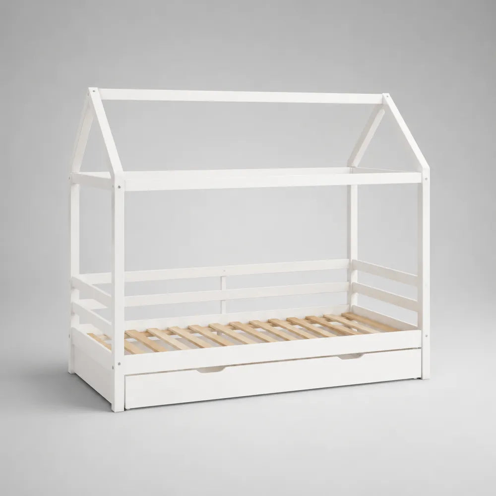 Lit cabane enfant 90 x 190 cm en bois de pin blanc forme maison avec sommier à lattes et tiroir rangement 198 x 98 x 160 cm