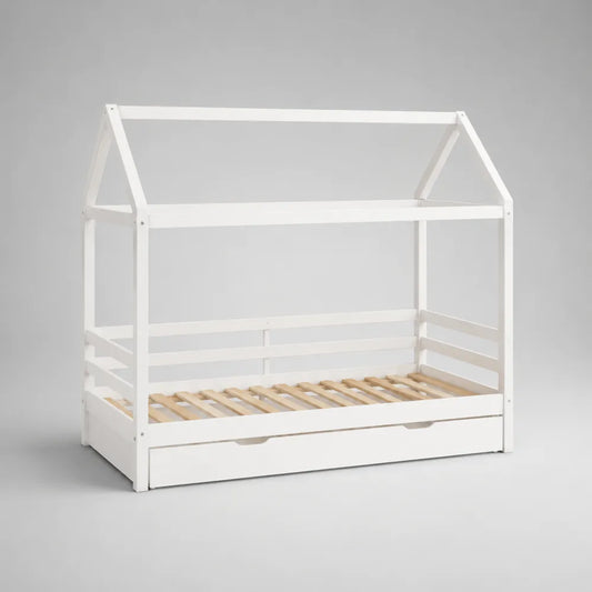 Lit cabane enfant 90 x 190 cm en bois de pin blanc forme maison avec sommier à lattes et tiroir rangement 198 x 98 x 160 cm