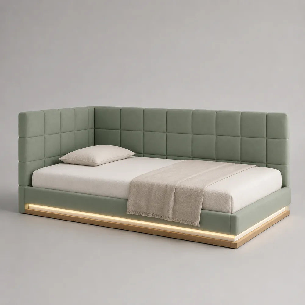 Lit 160 x 200 cm avec tête de lit capitonnée carrée tissu polyester vert structure MDF bois massif sommier à lattes base LED rectangulaire