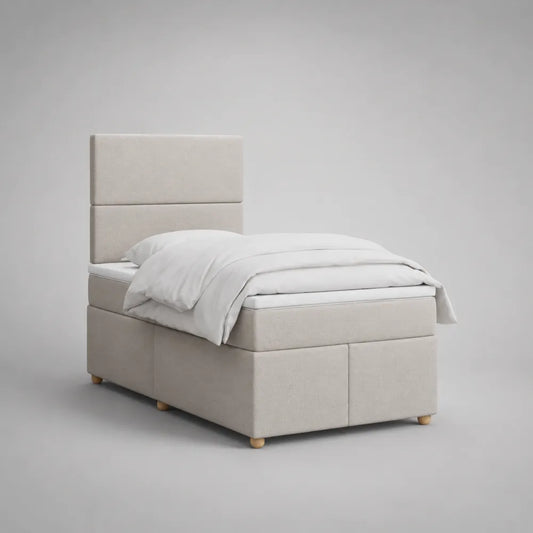 Lit banquette 90 x 200 cm avec tête de lit rembourrée tissu polyester beige structure MDF pieds bois naturel